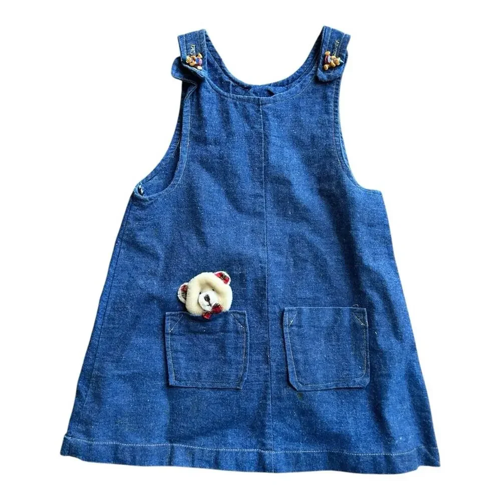 Vintage denim teddy bear kids dress 5-6 year